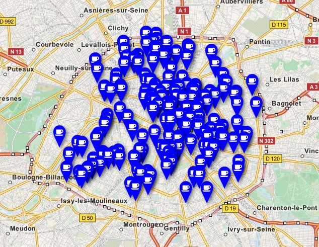 mapa de onde encontrar café a 1 euro em Paris