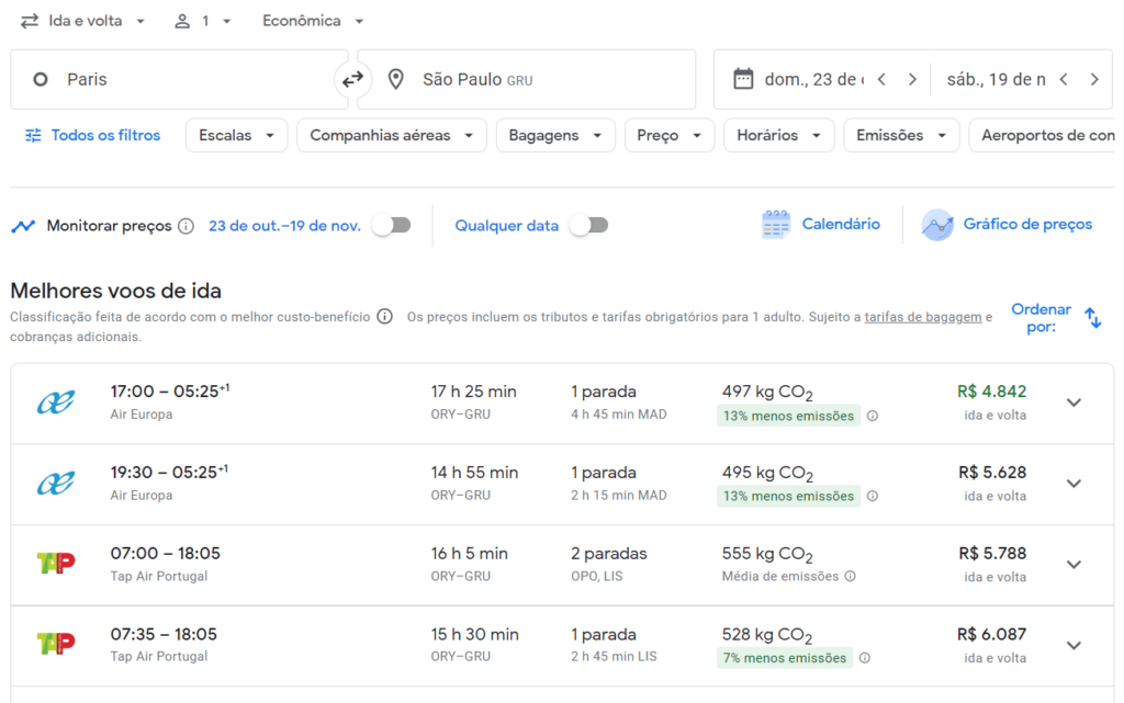 Captura de tela do Google Voos, um dos melhores sites para comprar passagem aérea